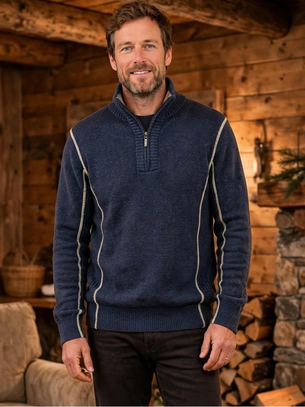 Denver Hayes Quarter Zip Sweater Mens M Navy Wool Blend Pullover Winter